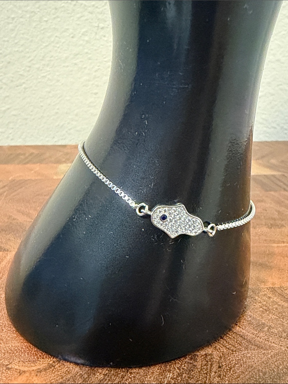 Silver Tone Adjustible Hamsa Bracelet with Blue Accent